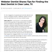 Webster Cosmetic Dentist Ann Haggard, DDS Gives Tips on Finding the Best Dentist in Clear Lake