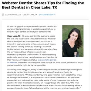 Webster Cosmetic Dentist Ann Haggard, DDS Gives Tips on Finding the Best Dentist in Clear Lake